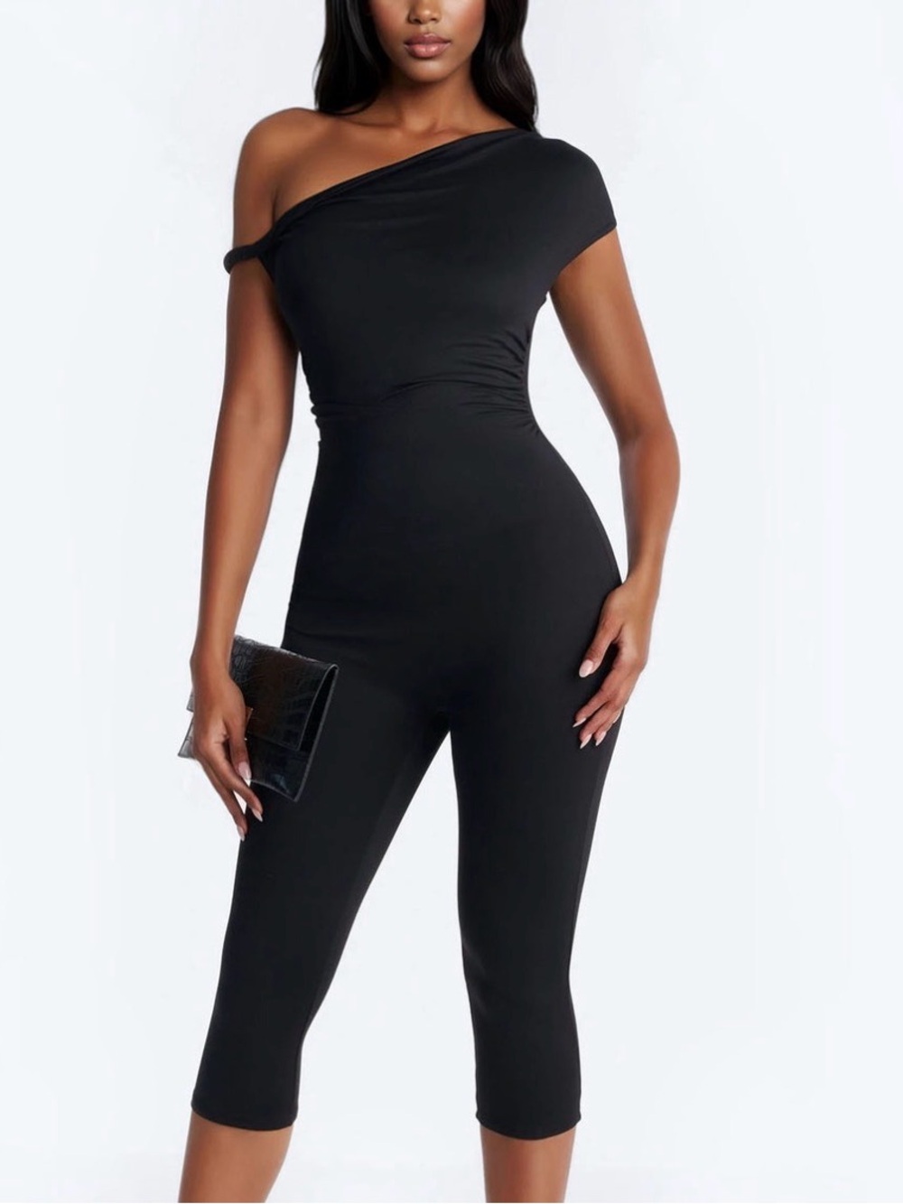 Fashion Nova Black One-Shoulder Capri Jumpsuit